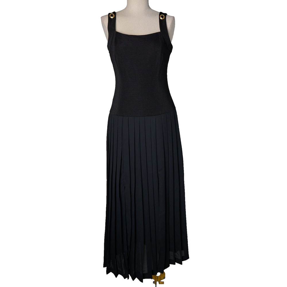 VTG Joseph Ribkoff Maxi Dress Sz 6 Black Fit & Flare Pleated Deadstock 90s Gala - Picture 2 of 16